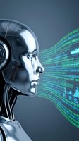 Futuristic robot head with glowing binary code data stream flowing from face representing artificial intelligence and machine learning technology.