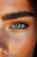 Close-up of bright green eye with long eyelashes and defined eyebrow on young woman's face with natural freckles, captured in warm sunlight for beauty and skincare.