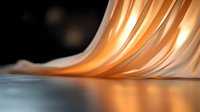 Elegant curved waves in golden orange hue create abstract flowing lines against dark background with reflection on glossy surface. Luxury design element.