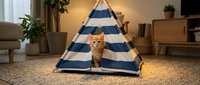 Ginger tabby cat relaxing inside striped navy and white tent in cozy living room with wooden furniture and potted plants for pet comfort and play.