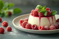 Creamy panna cotta dessert topped with fresh raspberries and mint leaves on ceramic plate. Sweet Italian pudding with red berry sauce dripping down sides.