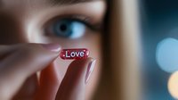 Close up view of feminine hand with manicured nails holding red heart-shaped charm with love text against soft blurred bokeh background, romantic mood concept.