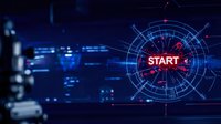 Futuristic digital interface with glowing red start button on dark blue background with circular HUD elements and tech grid pattern for gaming or UI design.