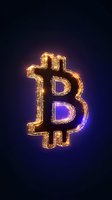 Glowing bitcoin symbol with electric light effect on dark background, neon cryptocurrency icon illuminated with golden and purple energy streams.