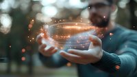 Magical glowing light sphere floating between hands with sparkles and bokeh effects in moody evening atmosphere, mystical energy concept for spiritual healing.