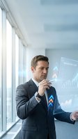 Businessman in dark suit analyzing digital holographic charts and growth metrics on transparent screen in modern office with large windows and natural light.