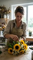 Middle-aged Caucasian female florist arranging sunflower bouquet in bright workshop studio. Professional flower arrangement and floral design business concept.