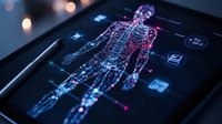 Digital hologram of human anatomy displayed on smart device screen with glowing wireframe skeleton structure in pink and blue neon colors against dark background.