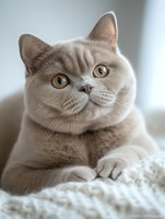Lilac British shorthair cat with bright yellow eyes lying on white knitted blanket, close up portrait of purebred feline with characteristic round face and plush coat.