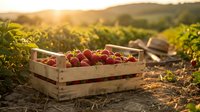 Fresh red apples in wooden crate at vineyard during golden hour harvest time with rolling hills and warm sunlight creating agricultural countryside scene.