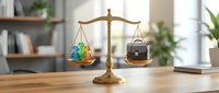Golden brass balance scale weighing Earth globe against briefcase on wooden desk in modern office, symbolizing work-life balance and environmental responsibility.