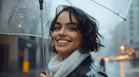 Young Hispanic woman with bright smile holding transparent umbrella in rain, wearing cozy knit scarf and black coat against blurred urban background with bokeh lights.