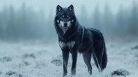 Majestic black wolf standing alert in misty winter forest landscape, frost covered ground and foggy pine trees create moody atmospheric scene. Wildlife photography.