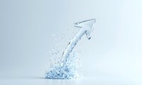 Upward arrow made of water and ice particles bursting with splash effect on light background, symbolizing growth, success and positive dynamics.