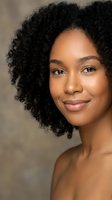 Young African American woman with natural curly hair smiling softly at camera showing radiant skin and confident expression for beauty and wellness content.
