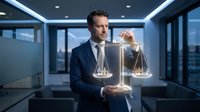Professional businessman in dark suit holding golden scales of justice in modern office environment with city view and contemporary lighting.
