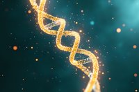 Glowing golden DNA helix structure with sparkling particles on turquoise background, genetic research concept for medical and scientific visualization.