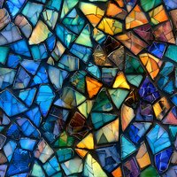 Colorful stained glass mosaic pattern in blue, orange, green and yellow tones creating abstract geometric shapes with light-catching translucent effect.