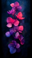 Luminous orchids in vibrant pink and purple hues against deep blue background with glowing particles, creating dramatic floral composition for wall art and decor.
