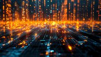 Glowing orange and blue digital matrix pattern with light streams flowing on dark background, representing data transmission and cyber technology landscape.
