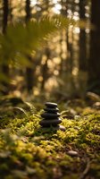Zen stone stack balanced on moss in peaceful forest setting with warm sunlight filtering through trees creating tranquil meditation atmosphere.