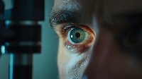 Close-up macro shot of human eye with blue-green iris and detailed texture in dramatic lighting, showing reflection and pupil dilation against dark background.