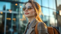 Young Caucasian businesswoman in sunglasses and gray blazer with leather backpack against modern glass building at golden hour sunset, smiling confidently outdoors.