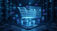 Digital shopping cart hologram with e-commerce icons floating in futuristic blue technology environment for online retail and digital commerce concepts.