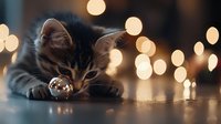 Sleepy gray kitten lying on wooden surface with glass ball and blurred golden bokeh lights creating magical cozy atmosphere. Perfect for holiday cards and decor.