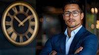Asian businessman in navy suit and glasses standing confidently with arms crossed against blurred background with vintage wall clock, expressing leadership and success in corporate setting.