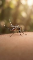 Aedes aegypti mosquito on human skin with blurred natural background for health and disease prevention campaigns.