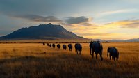 Silhouetted elephants walking in line across golden savanna grassland at sunset, dramatic mountain backdrop and colorful sky create African wilderness scene.