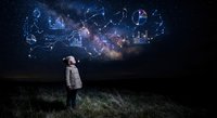 Young astronaut child gazing at cosmic data visualization with charts and graphs floating in starry night sky for educational technology concepts.
