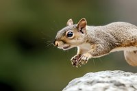 Small squirrel with tan and brown fur perched on rock, displaying alert posture with visible whiskers and bright eyes against blurred green background.