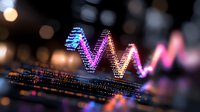 Glowing digital wave visualization with gradient colors from blue to pink on dark background with bokeh lights, modern technology concept for data analysis.