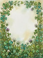 Watercolor clover frame with green shamrock leaves and white purple flowers, copy space center for text, St. Patricks Day botanical border.