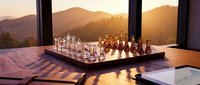 Luxury chess set on wooden table with mountain sunset view through window, strategic business planning concept for executive office decor.