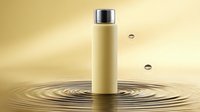Elegant cosmetic bottle floating above rippling golden water surface with water drops, luxury skincare product presentation on metallic background.