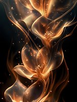 Abstract golden flowing ribbons with sparkling particles on dark background for luxury design projects and elegant digital artwork compositions.