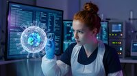Young Caucasian female scientist analyzing holographic data sphere in futuristic laboratory with digital screens and advanced technology interface.