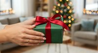 Hands holding green gift box with red ribbon bow in cozy Christmas living room with decorated tree and warm lights for holiday celebration and giving.