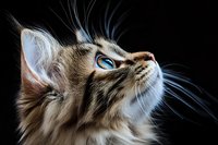 Close-up portrait of longhaired cat with bright blue eyes looking up against black background, showing detailed whiskers and facial features in dramatic lighting.