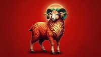 Golden ram with ornate patterns and curved horns on red background for Chinese New Year celebrations and zodiac designs.