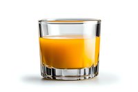 Fresh orange juice in crystal glass with vertical facets on white background, bright natural color drink isolated with soft shadow.