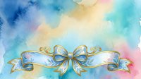 Ornate golden bow with flowing ribbons on soft watercolor background in pastel blue, pink, and yellow tones. Suitable for invitations, greeting cards, and decorative design projects.
