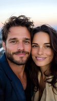 Happy young couple smiling together outdoors during golden hour sunset with warm natural lighting for romantic lifestyle and relationship content.