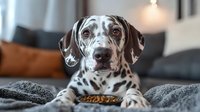 Dalmatian dog lying on gray blanket with food bowl, looking at camera with expressive brown eyes. Cozy home interior with soft bokeh background.