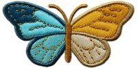 Embroidered butterfly patch with blue and yellow wings isolated on white background for clothing decoration, crafts and textile design projects.