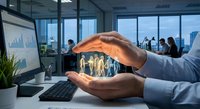 Business professional protecting team with hands in modern office environment showcasing employee care and human resources management concept.