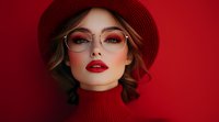 Glamorous portrait of woman in red turtleneck sweater, beret and glasses against burgundy background, featuring bold red lipstick and dramatic makeup.